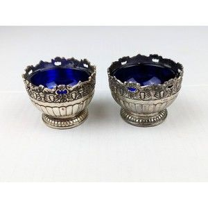 VTG 60's Raimond Silverplate Lot Of 2 Pcs Salt Cellars Cobalt Blue Glass Insert